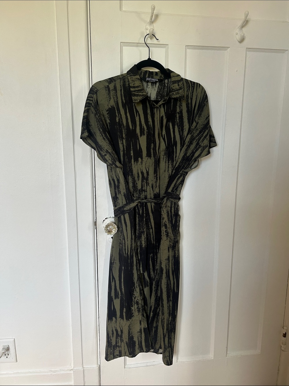 Disturbia Olive & Black Patterned Belted Midi Shirt Dress US 4 made big